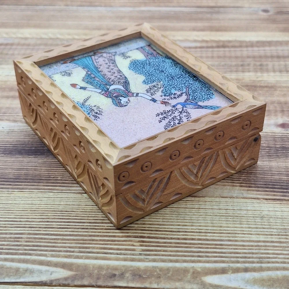 Vintage Indian Wood Jewelry Box Gemstone Sand Painting Peacock Hand Carved